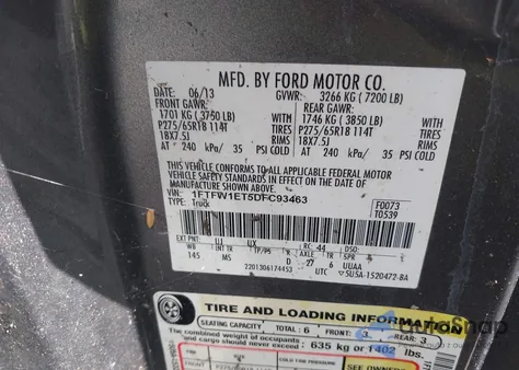 2013 Ford F-150 Xlt from USA, damaged, VIN 1FTFW1ET5DFC93463